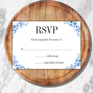 Rustic Floral Blue Waterverf Flowers Wedding RSVP Kaartje