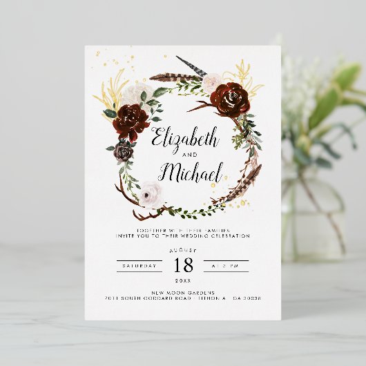 Rustic Floral | Boho Botanical Wedding Invitation Folie Uitnodiging (Staand Voorkant)