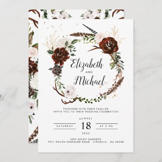 Rustic Floral | Boho Botanical Wedding Invitation Kaart (Voorkant / Achterkant)