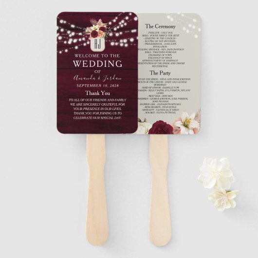 Rustic Floral Burgundy Wedding Programme Hand Fan Handwaaier (Voorkant en achterkant)