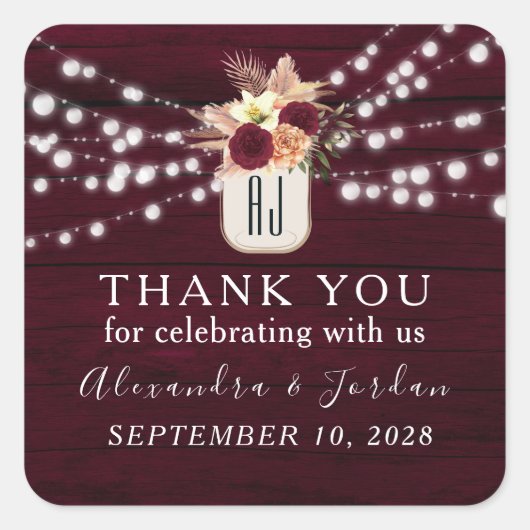Rustic Floral Burgundy Wedding Vierkante Sticker (Voorkant)