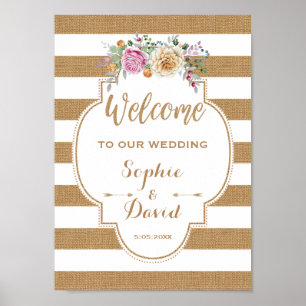 Rustic Floral Burlap Stripes Wedding WELCOME SIGN Poster