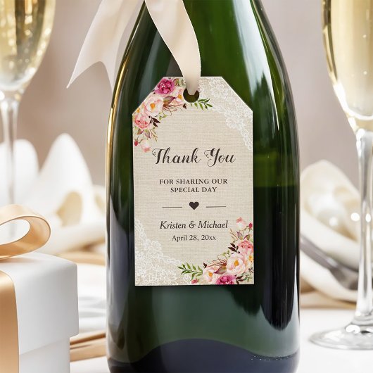 Rustic Floral Burlap Wedding Favor Dank je Cadeaulabel