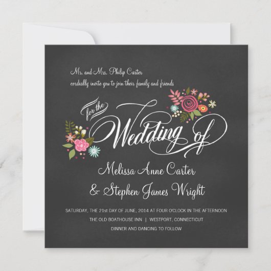 Rustic Floral Chalkboard Wedding Invitations Kaart (Voorkant)