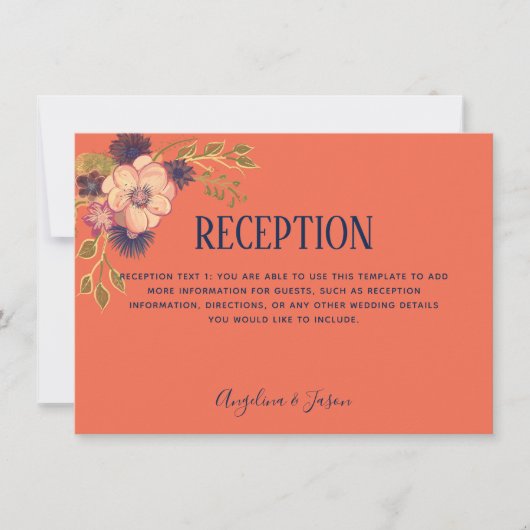 Rustic Floral Coral & Navy Wedding Reception Kaart (Voorkant)