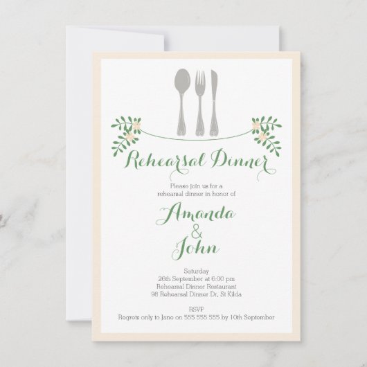 Rustic Floral Cutlery Rehearsal Dinner Invitation Kaart (Voorkant)