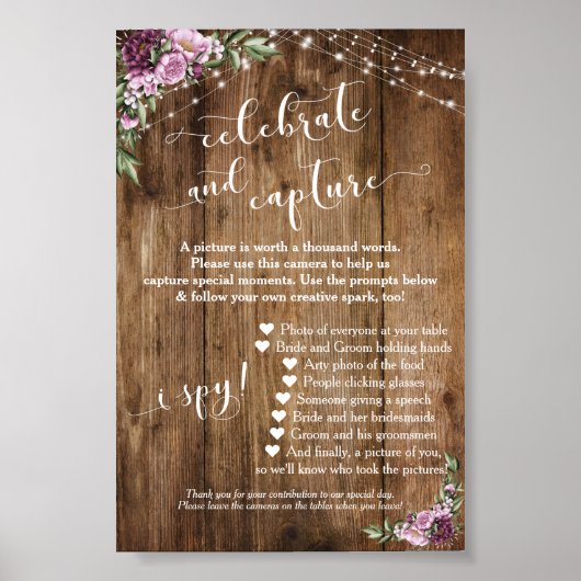 Rustic Floral Disposable Camera Instructions Sign Poster (Voorkant)