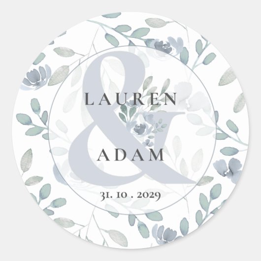 Rustic Floral Dusty Blue Waterverf Wedding Class Ronde Sticker (Voorkant)
