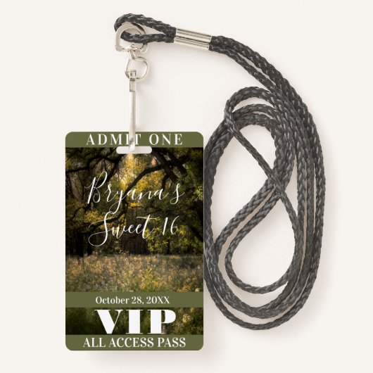 Rustic Floral Enchanted Forest Sweet 16 VIP Badge (Voorkant met draagriem)