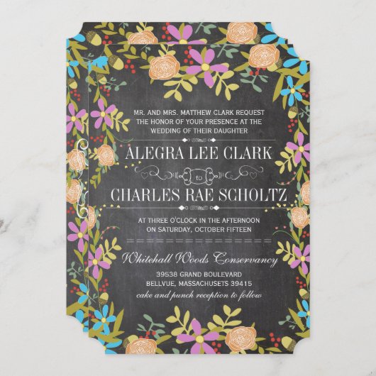 Rustic Floral Garland Chalkboard Wedding Kaart (Voorkant / Achterkant)