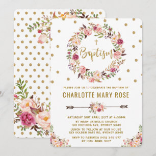 Rustic Floral Girl Baptism Christening Uitnodiging
