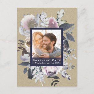 Rustic Floral Glam Navy Kraft Photo Save the Date Aankondigingskaart
