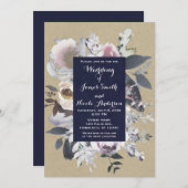 Rustic Floral Glam Navy Kraft Wedding Invitations Kaart (Voorkant / Achterkant)