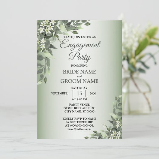 Rustic Floral Greenery Leaves Engagement Party Kaart (Staand voorkant)