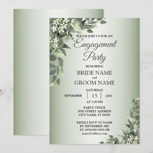 Rustic Floral Greenery Leaves Engagement Party Kaart (Voorkant / Achterkant)
