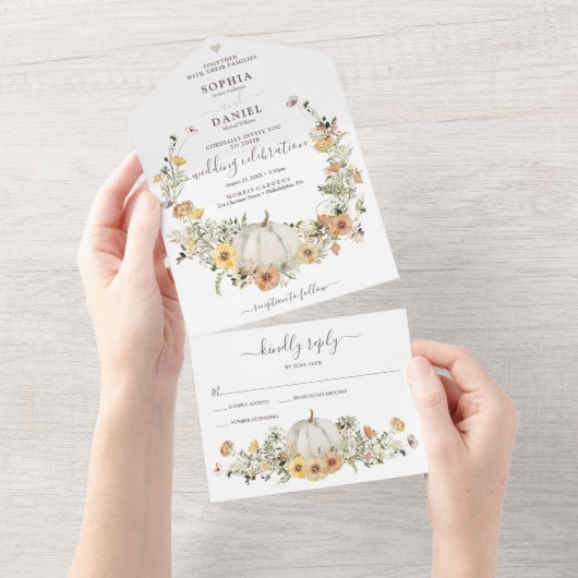 Rustic Floral Harvest Herfst Pumpkin Weddenschap All In One Uitnodiging (Afscheurbaar)