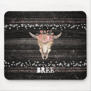 Rustic Floral Koe Skull Boho Chic Glam Silver Wood Muismat