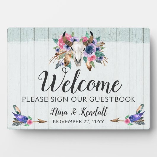 Rustic Floral Koe Skull Boho Wedding Welcome Sign Fotoplaat (voorkant)