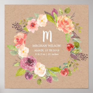 Rustic floral kraft Personalized Baby Birth Poster
