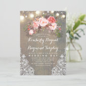 Rustic Floral Lace String Lights en Wood Wedding Kaart (Staand voorkant)