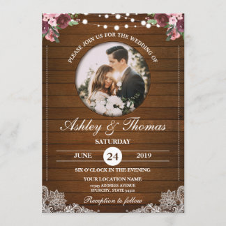 Rustic Floral Lace Wedding Wood Foto personalisere Kaart