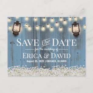 Rustic Floral Lantern Dusty Blue Save the Date Aankondigingskaart