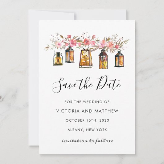 Rustic Floral Lantern Wedding Save the Date (Voorkant)
