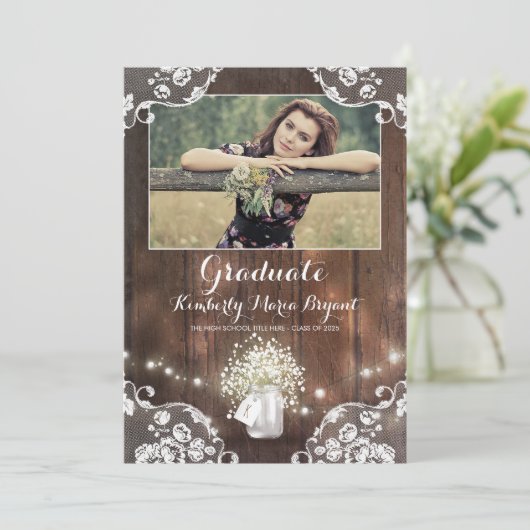 Rustic Floral Mason Jar Photo Graduparty Kaart (Staand voorkant)