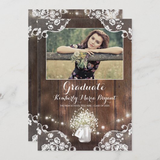 Rustic Floral Mason Jar Photo Graduparty Kaart (Voorkant / Achterkant)