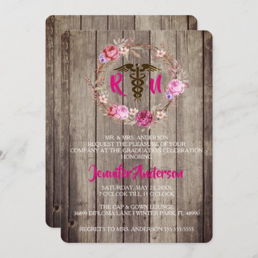 Rustic Floral Nursing School Invitation (Devant / Derrière)