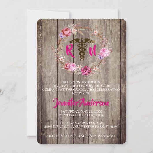 Rustic Floral Nursing School Invitation (Devant)