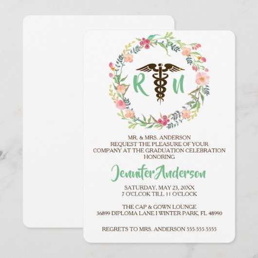 Rustic Floral Nursing School Invitation (Devant / Derrière)