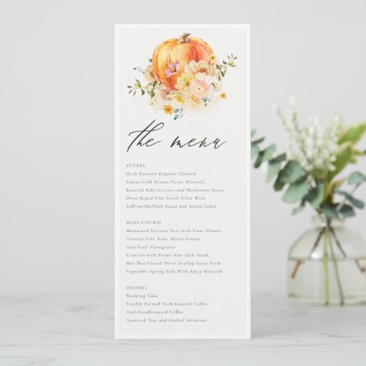 Rustic Floral Oranje herfst Pumpkin Wedding Menu (Staand voorkant)