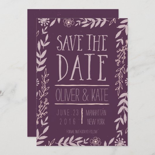 Rustic Floral Paarse Save the Date (Voorkant / Achterkant)