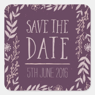 Rustic Floral Paarse Save the Date Vierkante Sticker