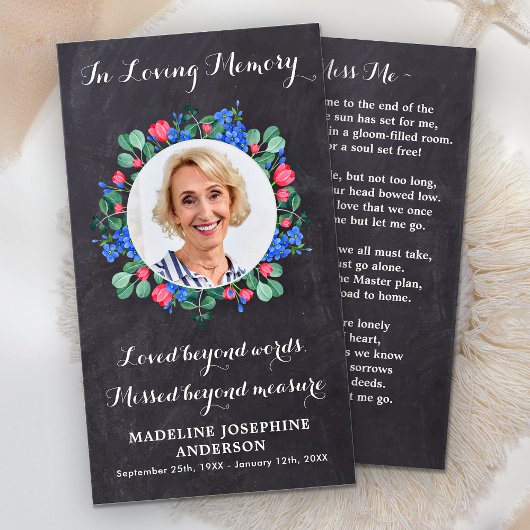 Rustic Floral Photo Memorial Prayer Card Funéraill