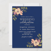 Rustic Floral Pink Navy Blue Wedding Invitation Kaart (Voorkant)