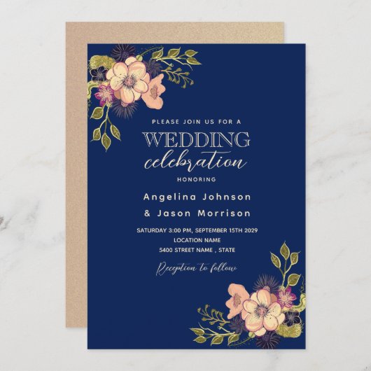 Rustic Floral Pink Navy Blue Wedding Invitation Kaart (Voorkant / Achterkant)