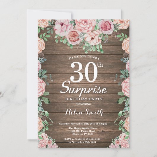 Rustic Floral Pink Peonies Surprise 30th Birthday Kaart (Voorkant)