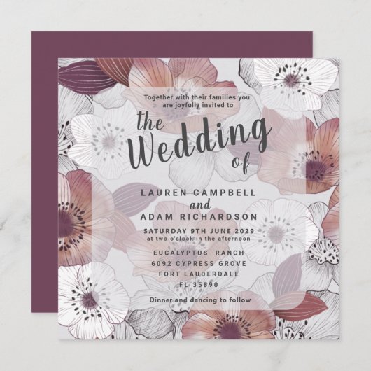 Rustic Floral Plum Paars Wedding Invitation Kaart (Voorkant / Achterkant)