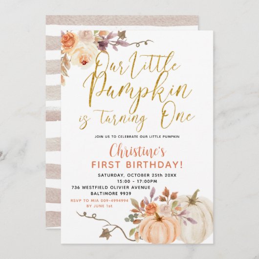 Rustic Floral Pumpkin Birthday Uitnodiging (Voorkant / Achterkant)