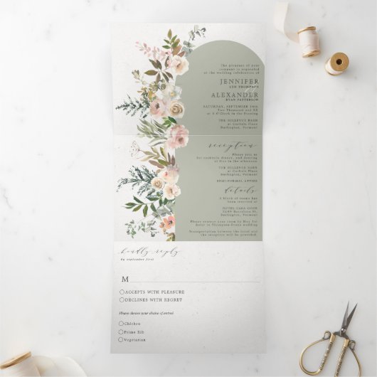 Rustic Floral Sage All in One Wedding Tri Fold Drieluik Uitnodiging (Binnen)