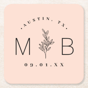 Rustic Floral Stem Wedding Monogram   Blush Vierkante Kartonnen Onderzetter