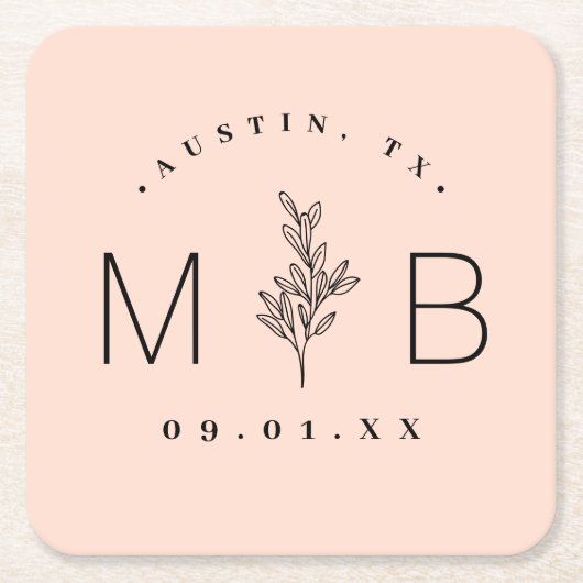 Rustic Floral Stem Wedding Monogram | Blush Vierkante Kartonnen Onderzetter (Voorkant)