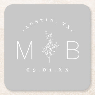 Rustic Floral Stem Wedding Monogram   Grijs Vierkante Kartonnen Onderzetter