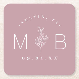 Rustic Floral Stem Wedding Monogram Mauve Vierkante Kartonnen Onderzetter