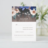 Rustic Floral String Lights Blue Wedding RSVP Kaartje (Staand voorkant)