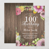 Rustic Floral Surprise 100th Birthday Invitation Kaart (Voorkant / Achterkant)