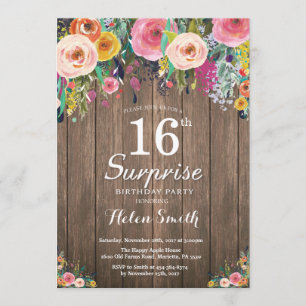 Rustic Floral Surprise 16th Birthday Invitation Kaart