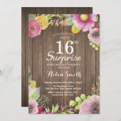 Rustic Floral Surprise 16th Birthday Invitation Kaart (Voorkant / Achterkant)